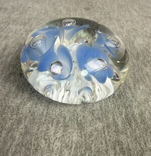 Joe Rice Glass Paperweight Trumpet Blue Floral Controlled Bubble 3" Vintage
